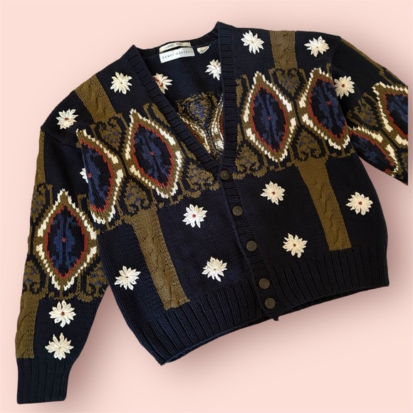Vintage Henry Grethel Hand Knit Cable Intarsia Floral Cotton V neck Cardigan M - Picture 1 of 16